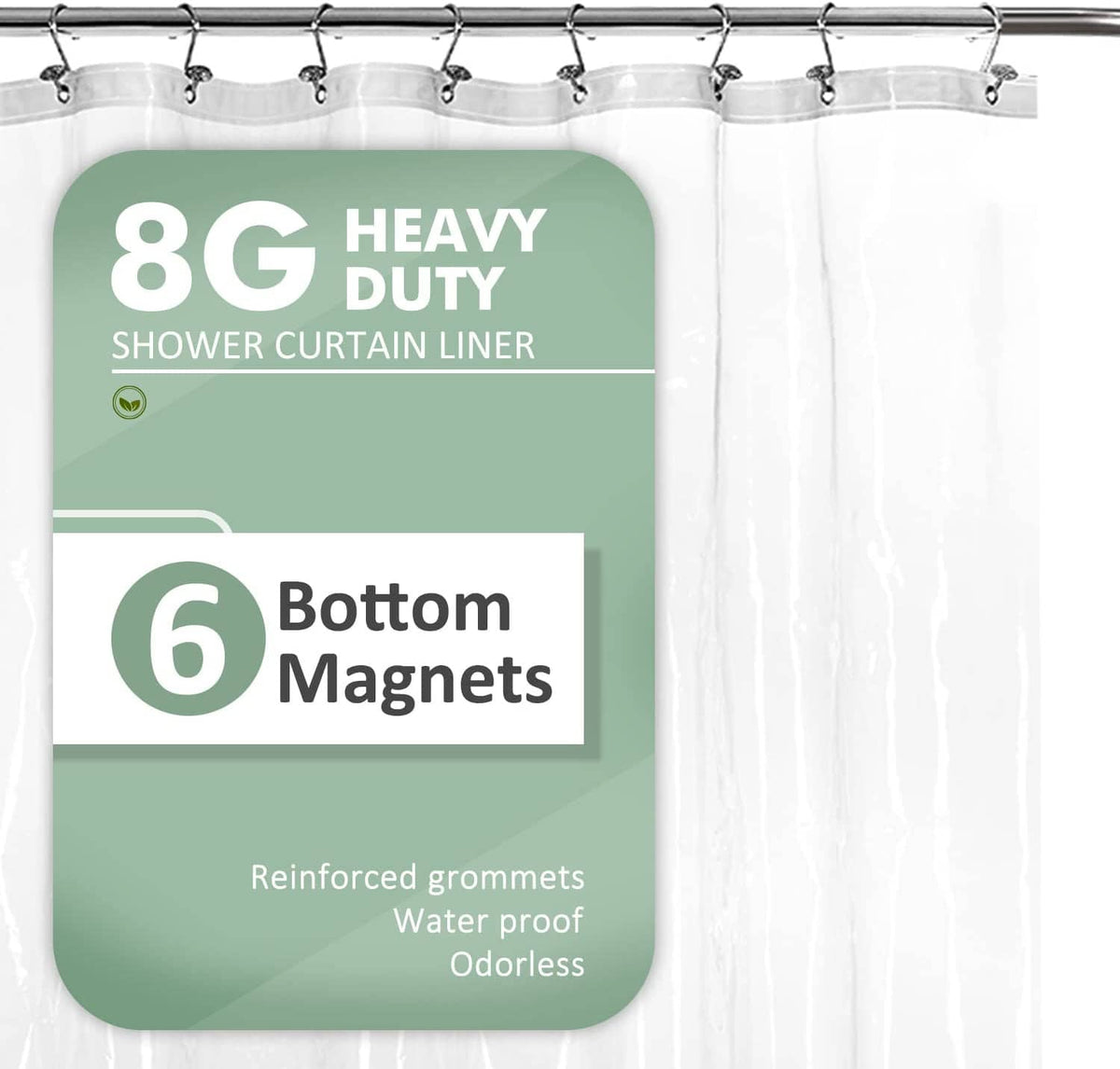 Clear shower liner with reinforced grommets and bottom 6 weighted magnets, heavy duty