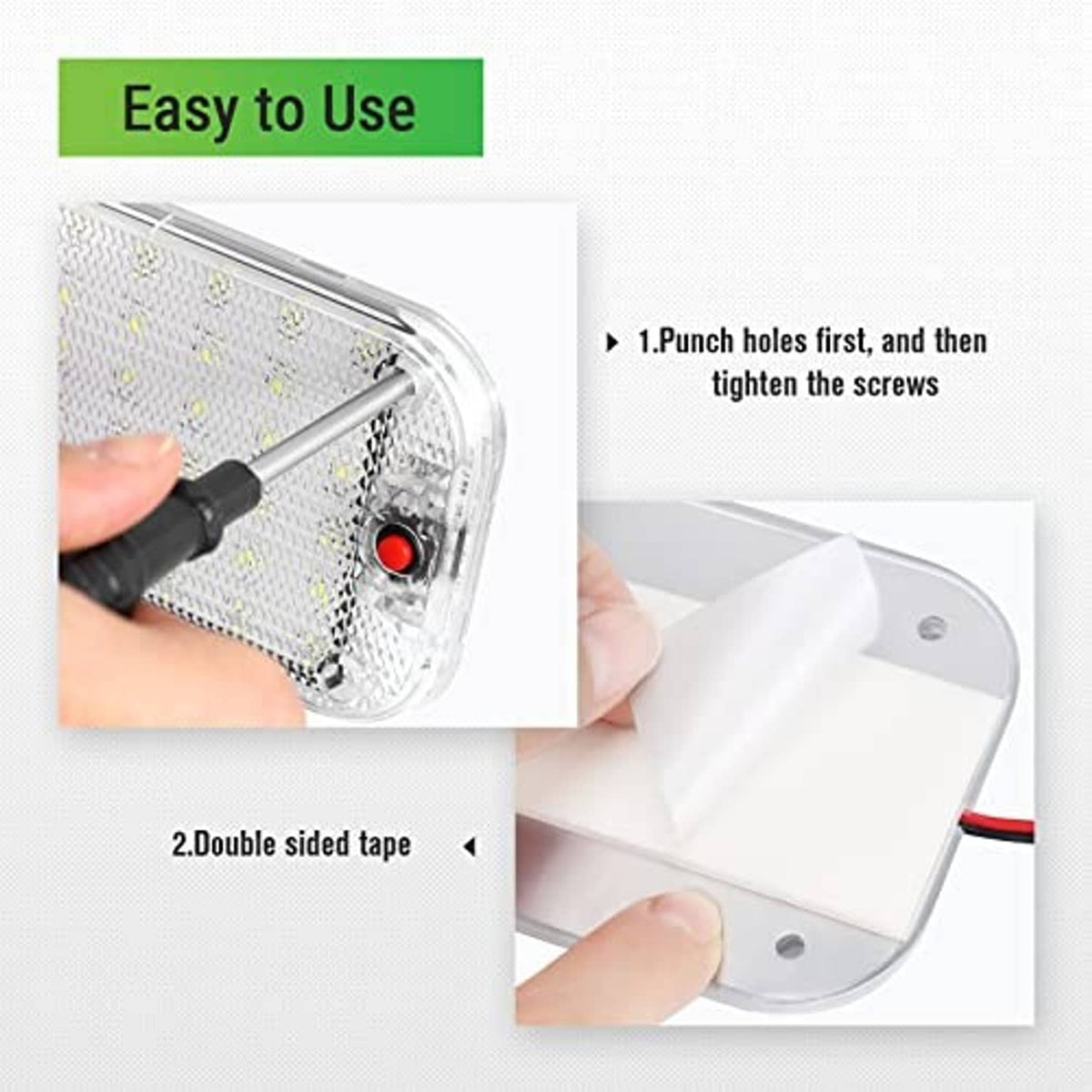 LED dome light showing installation with side screw and red switch button