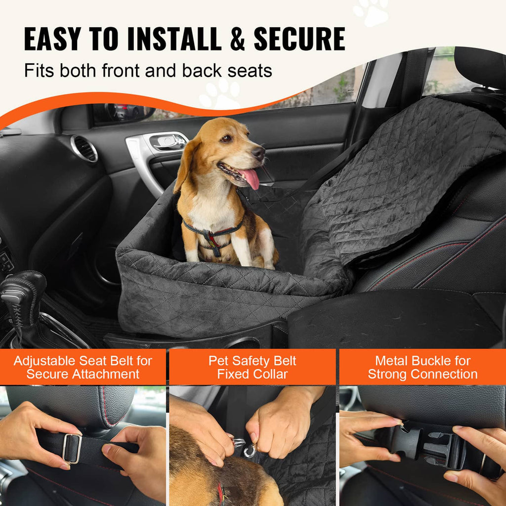 Black dog booster car seat with adjustable seat belt attachment and metal buckle connection