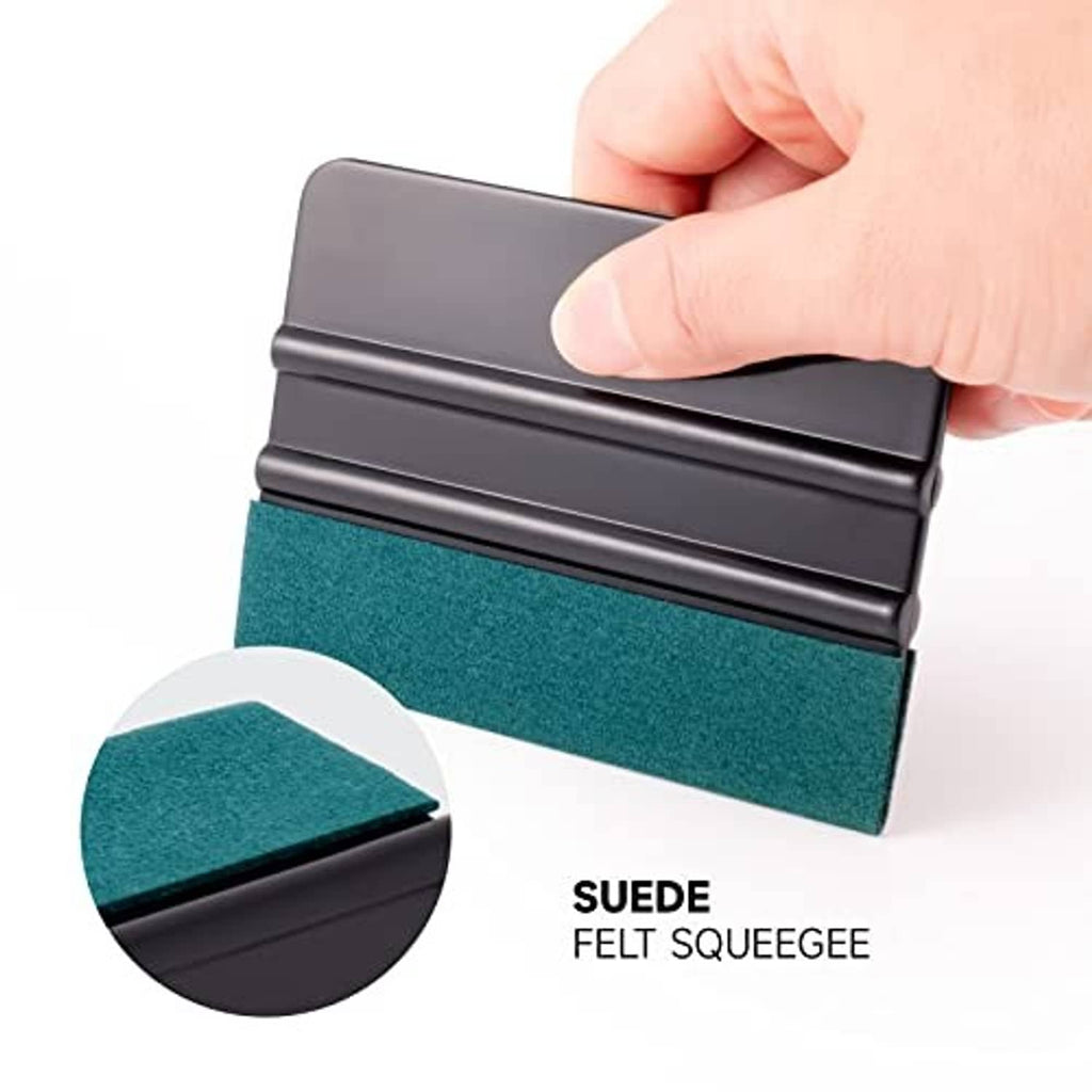 Handheld vinyl wrap squeegee with black handle and teal suede felt pad, corner inset.