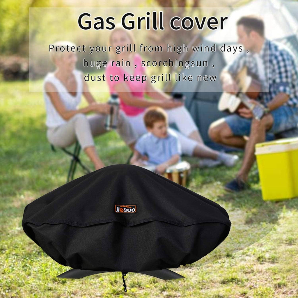 Black portable grill cover with Jiesuo logo and front tie cord