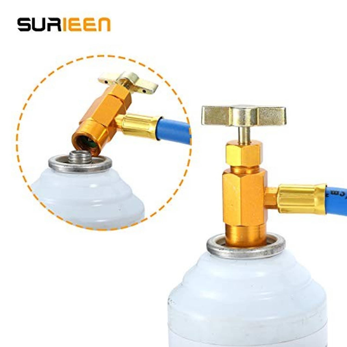 Piercing tap valve assembly with blue hose and adapter fittings on AC recharge kit