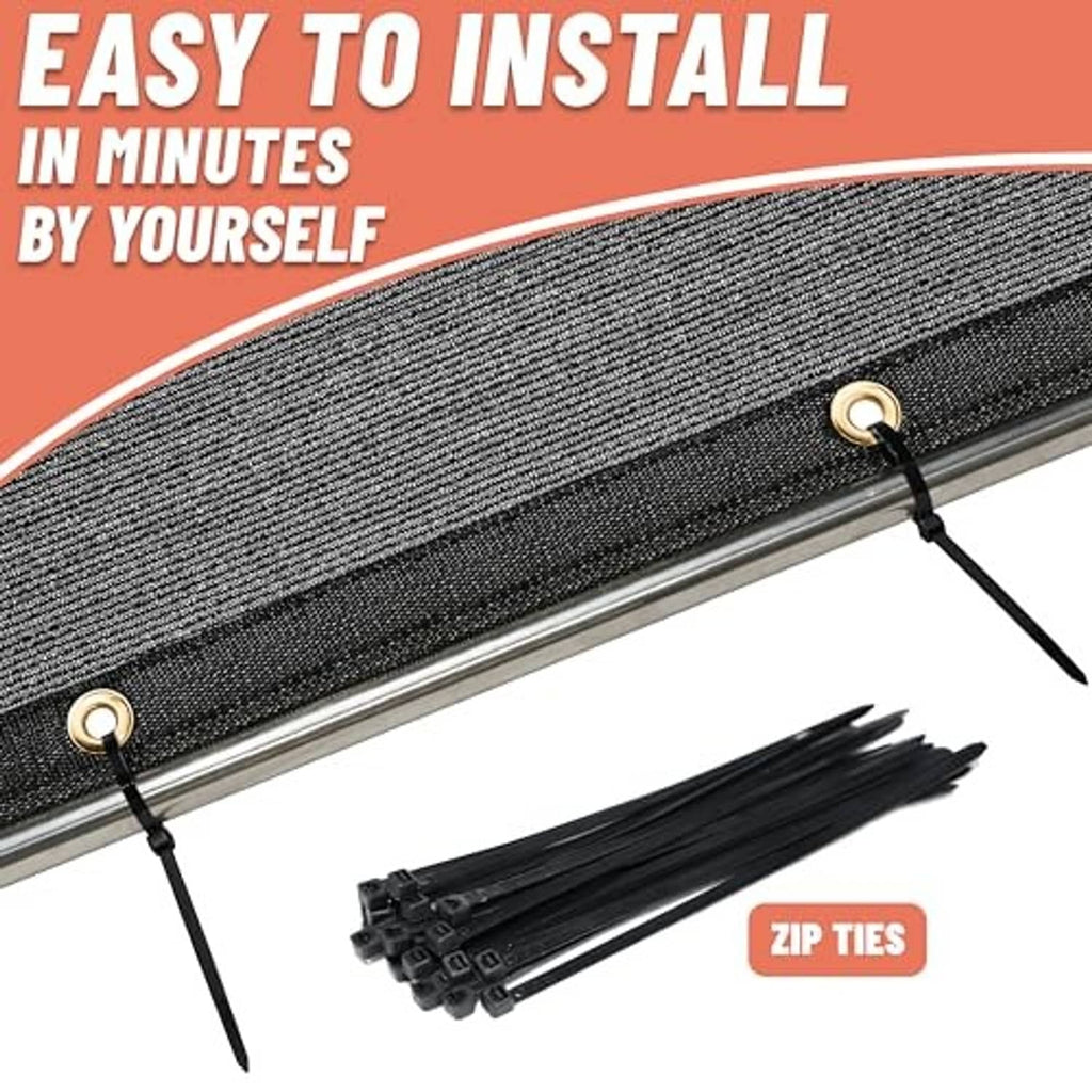 Black shade cloth edge with brass grommets, zip ties, and metal bar for mounting.
