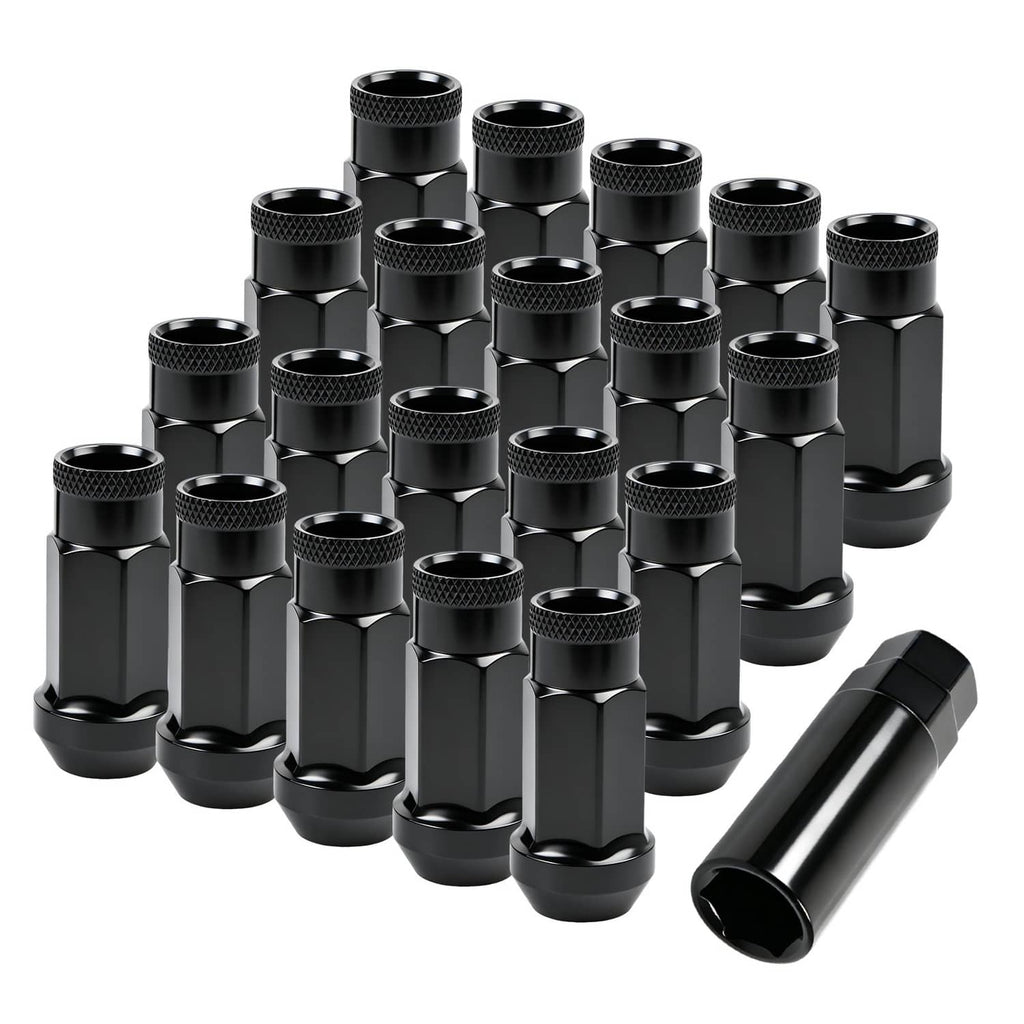 Group of black extended wheel lug nuts with open-end hex and knurled side grip
