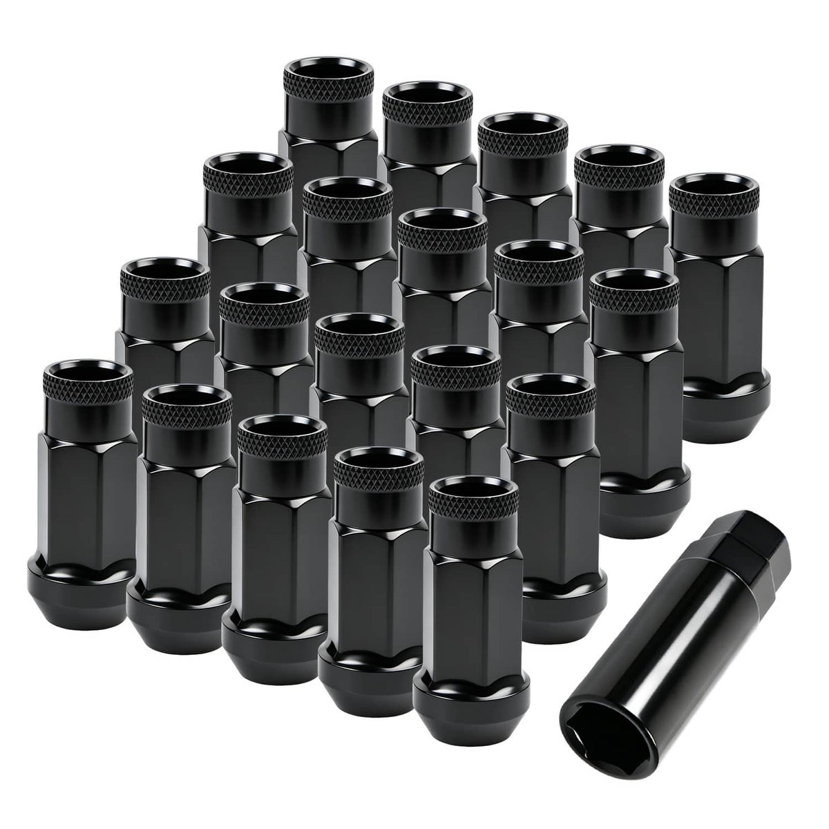 Group of black extended wheel lug nuts with open-end hex and knurled side grip