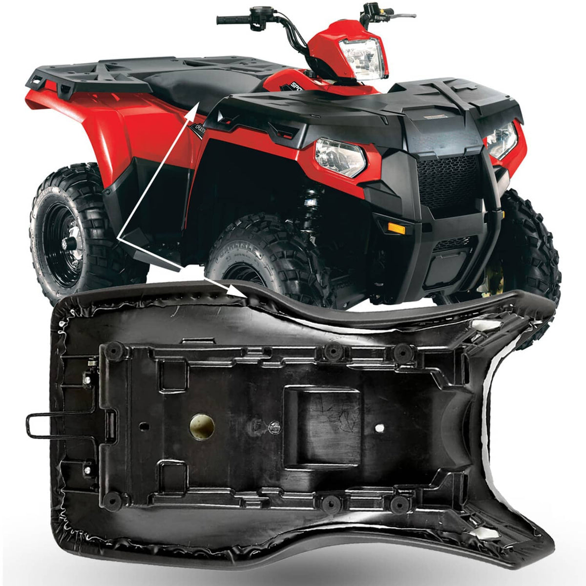 Black ATV seat installed on a four-wheeler, contoured cushion with side bolsters