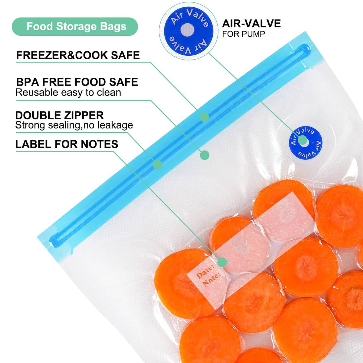 Reusable vacuum sealer bags with blue zip, air-valve for pump, label note stickers