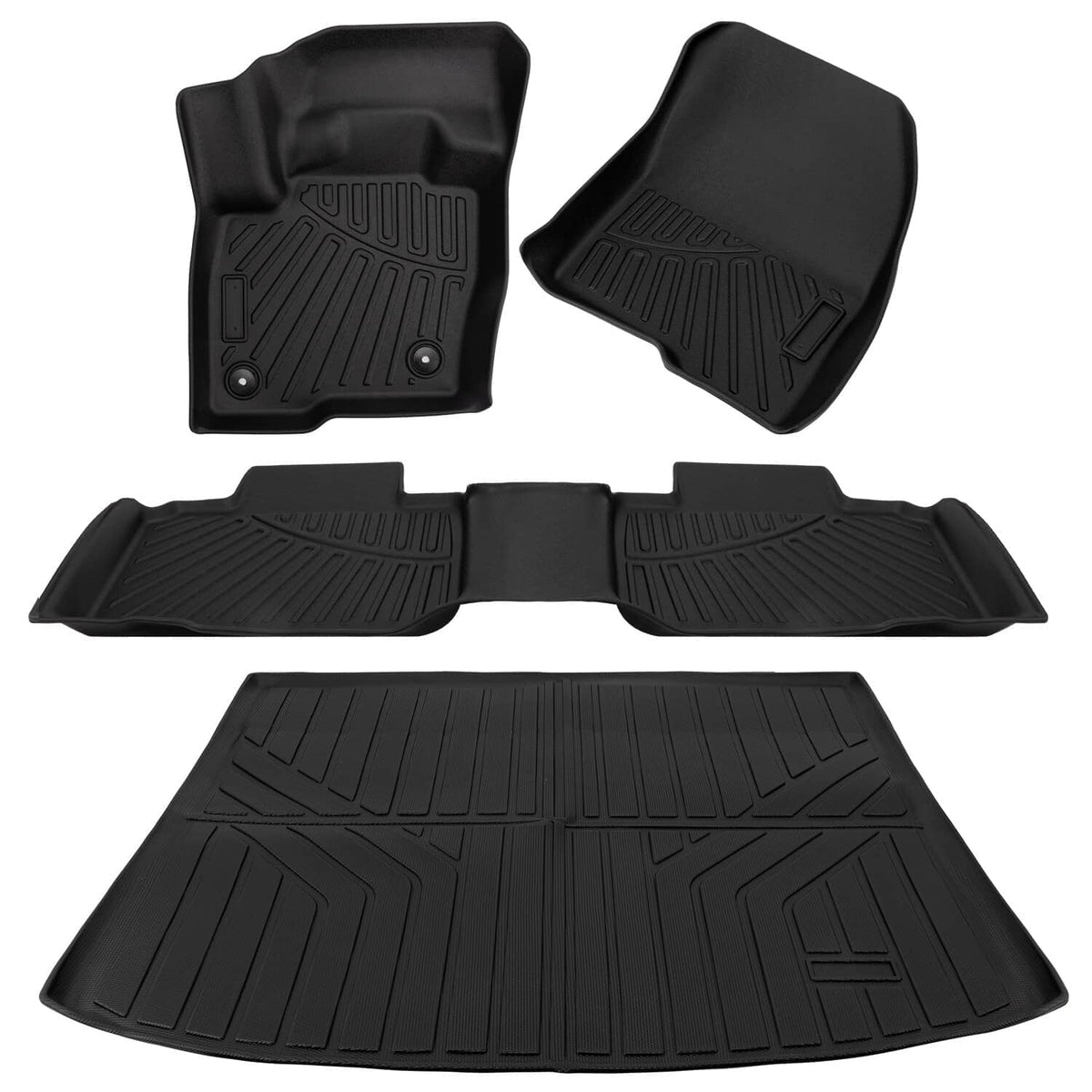 Set of black front and rear floor mats plus cargo trunk liner, flat lay