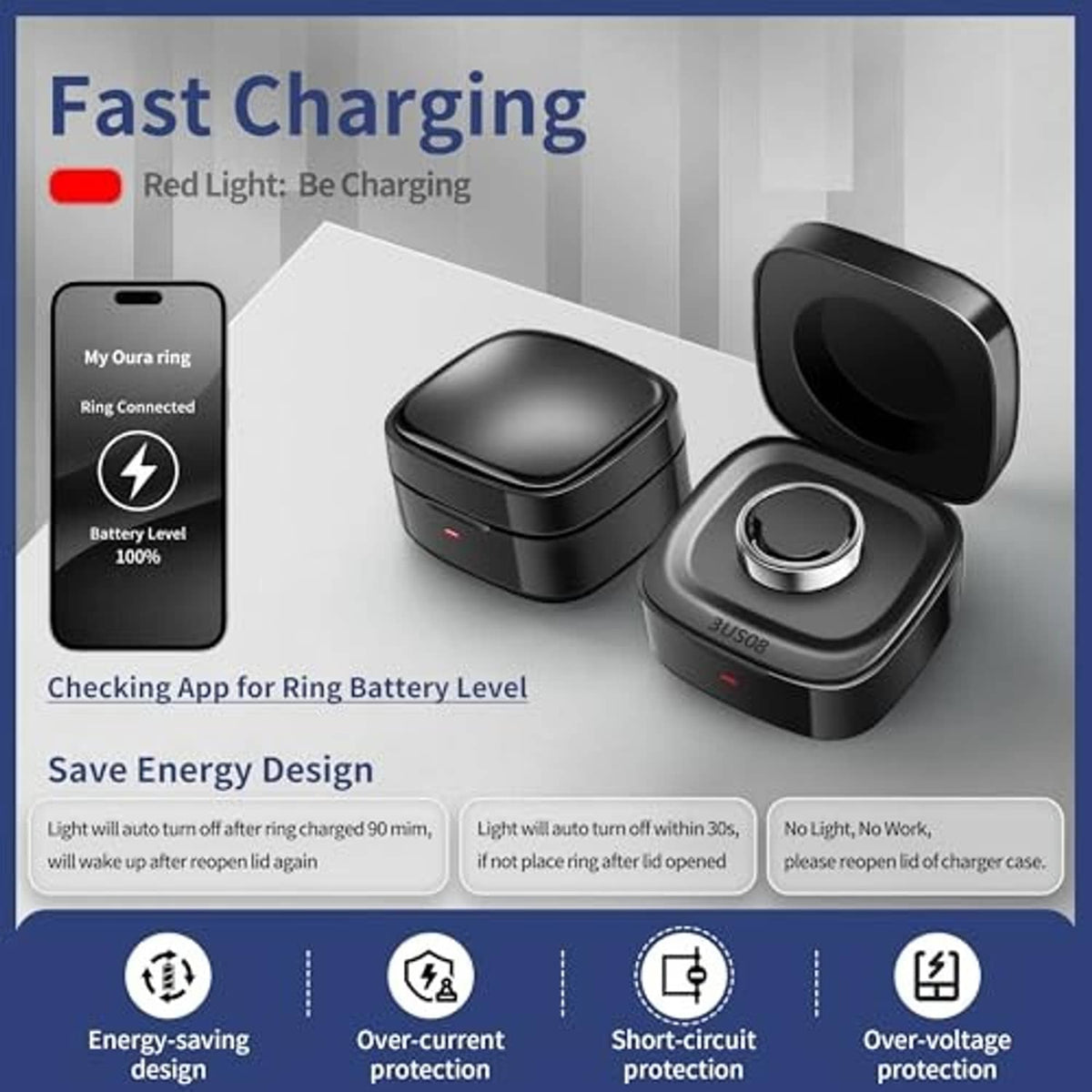 Black smart ring charger case showing red charging indicator light