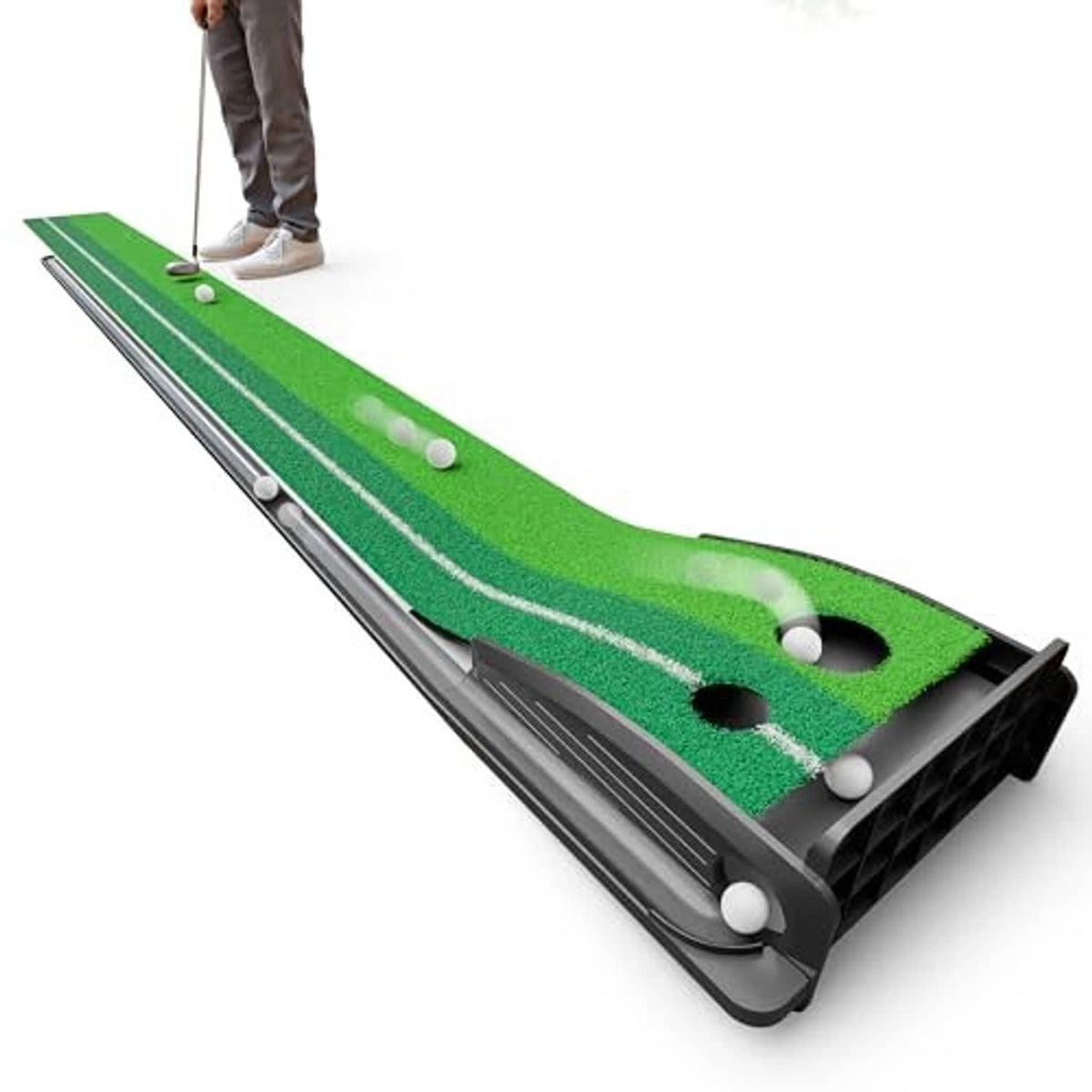 Indoor putting green mat with green turf, white guide lines, two holes, and three practice balls
