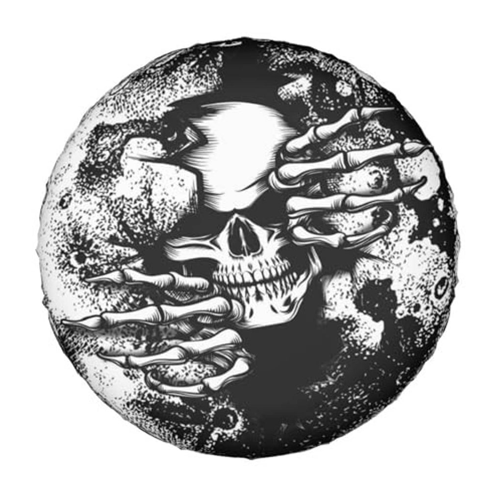 Round wheel protector cover with skull and raised hands graphic, black and white