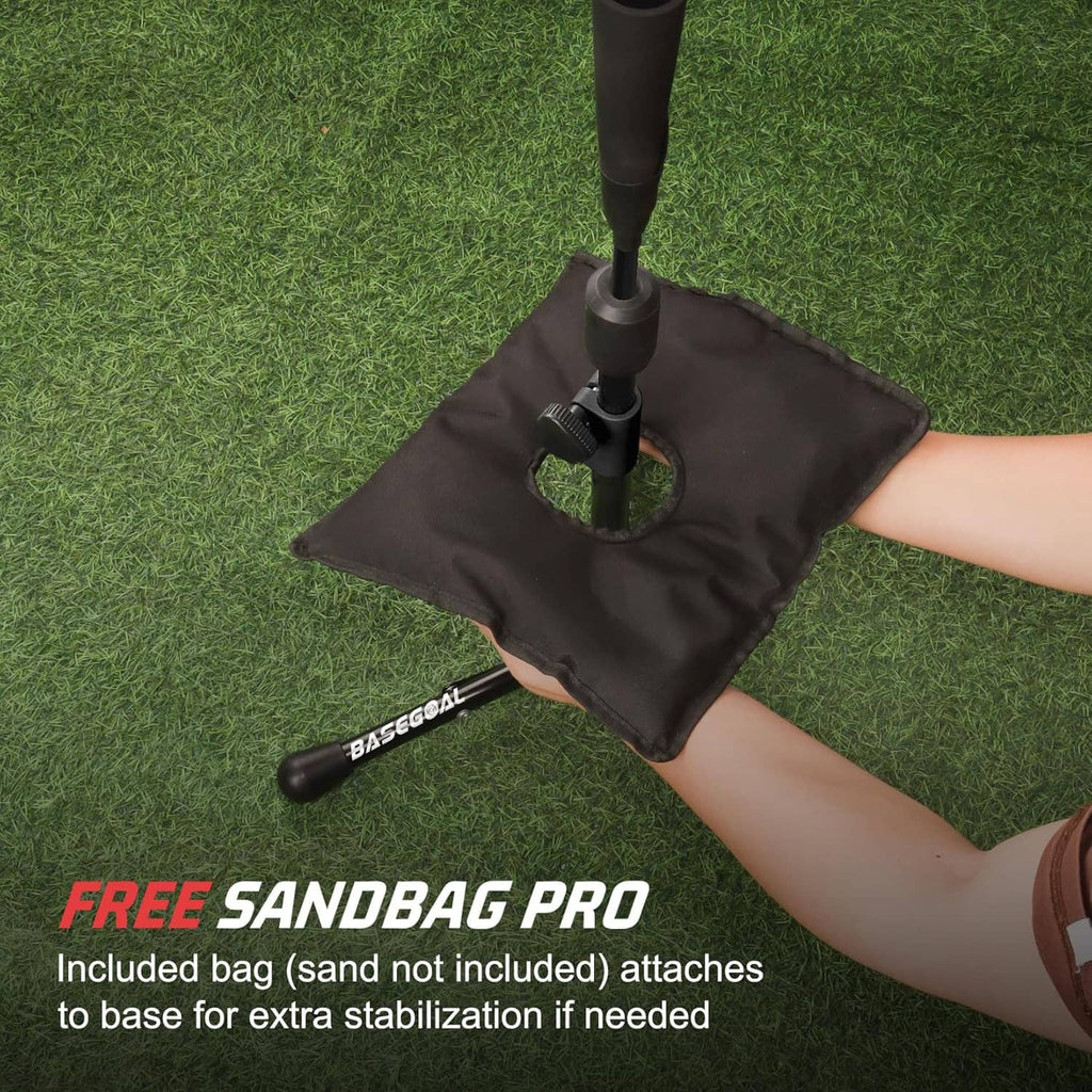 Sandbag pro attachment and adjustable tee base for extra stability, black.