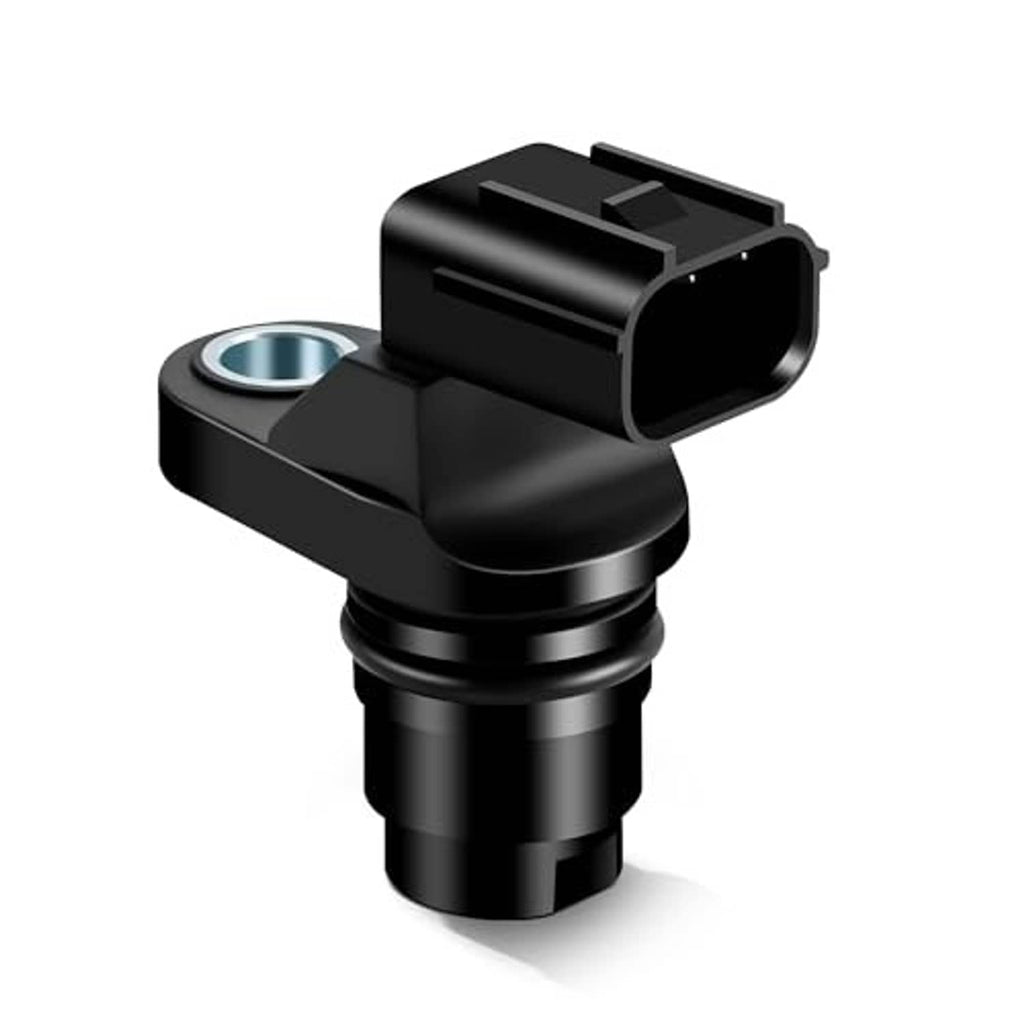 Black camshaft position sensor with curved body, metal bolt base, and 3-pin connector