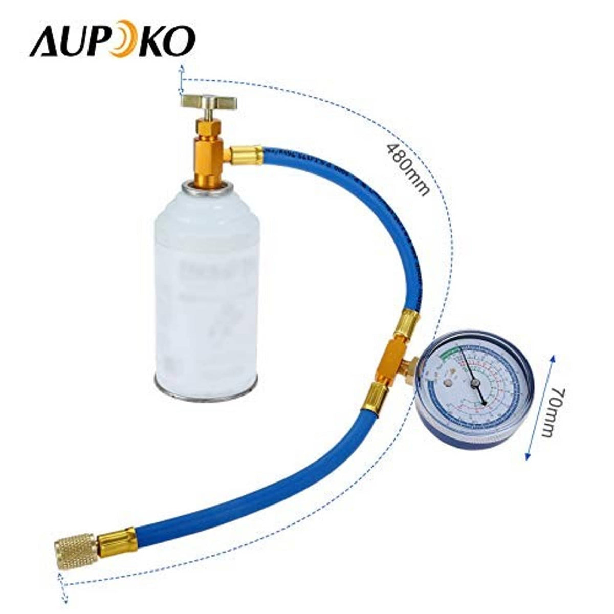 Blue hose set with pressure gauge, brass fittings, and refrigerant can connector