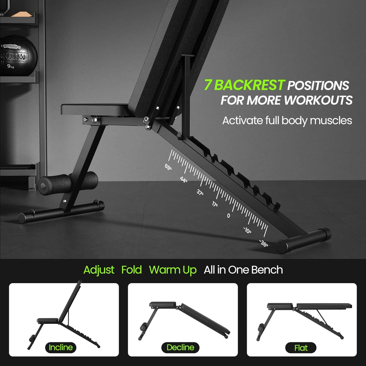 Adjustable weight bench with stepped backrest incline rail and support brackets