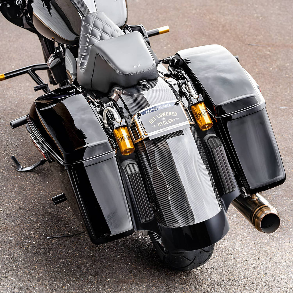 Chrome and black motorcycle rear fender fascia with LED rear light bars