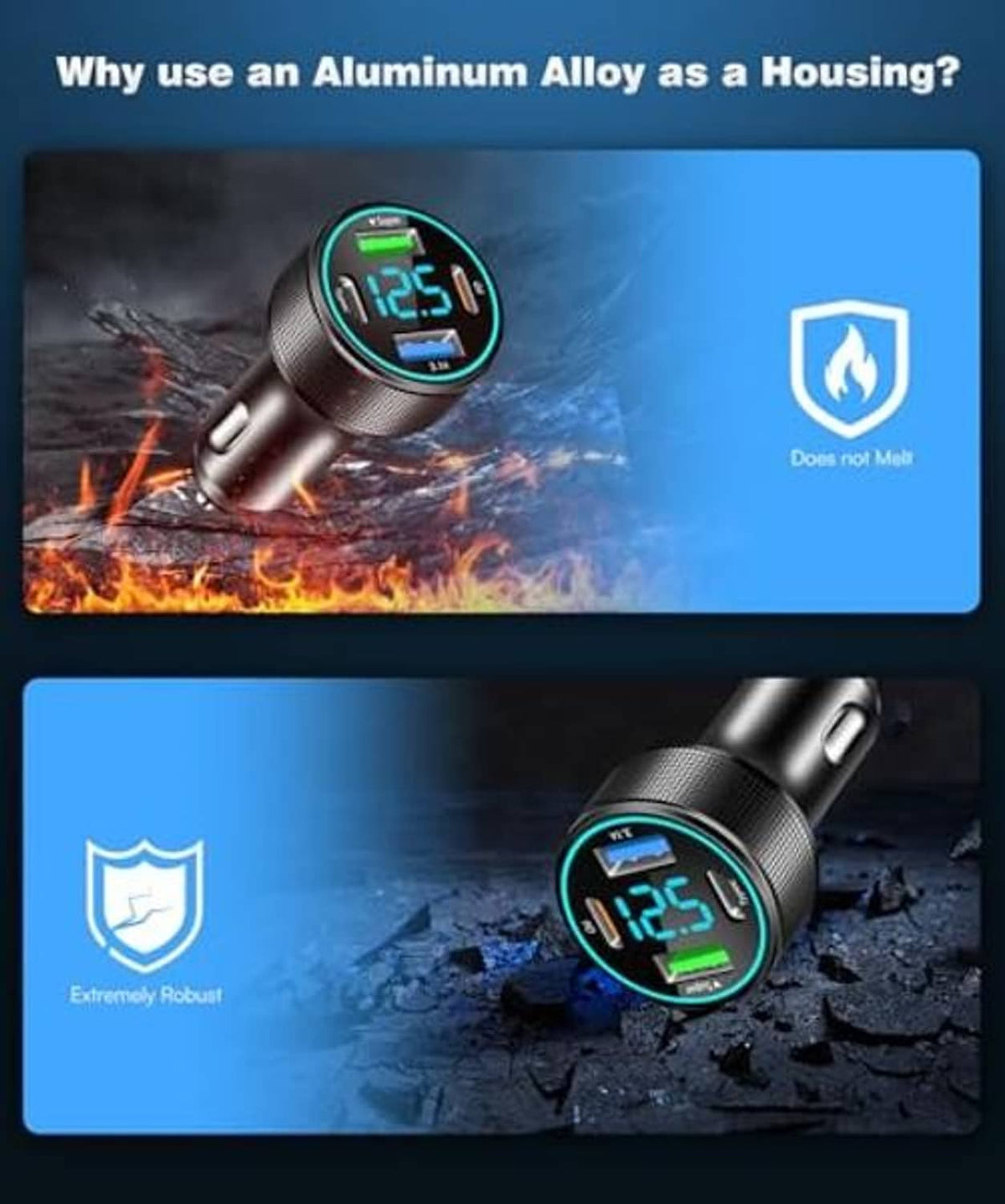 Rugged aluminum alloy USB-C car charger with LED voltage display and protective housing
