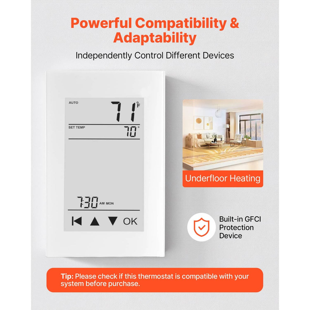 Wall thermostat with LCD temperature readout and GFCI protection indicator