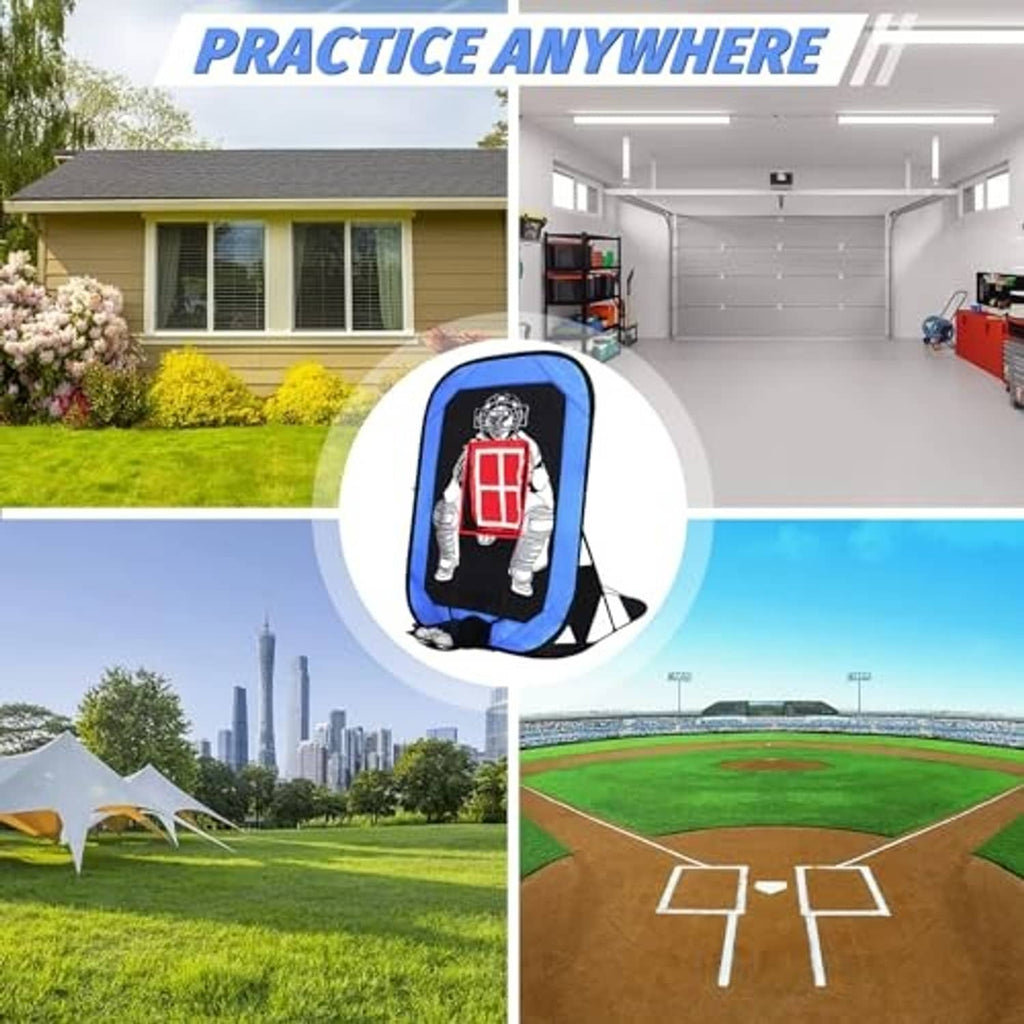 Portable blue-and-black pitching target net with red strike zone screen for practice.