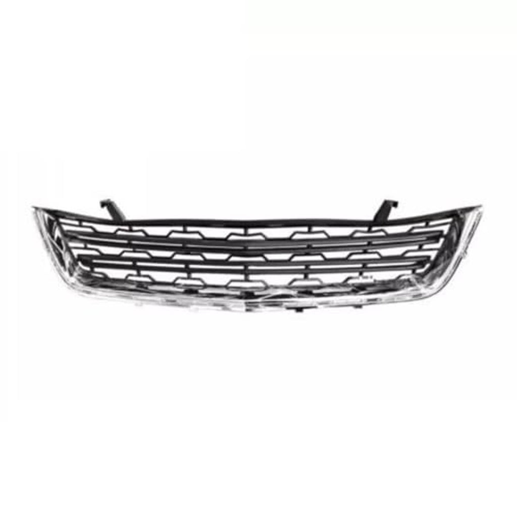 Front bumper lower grille with chrome border and black slat pattern, center grille