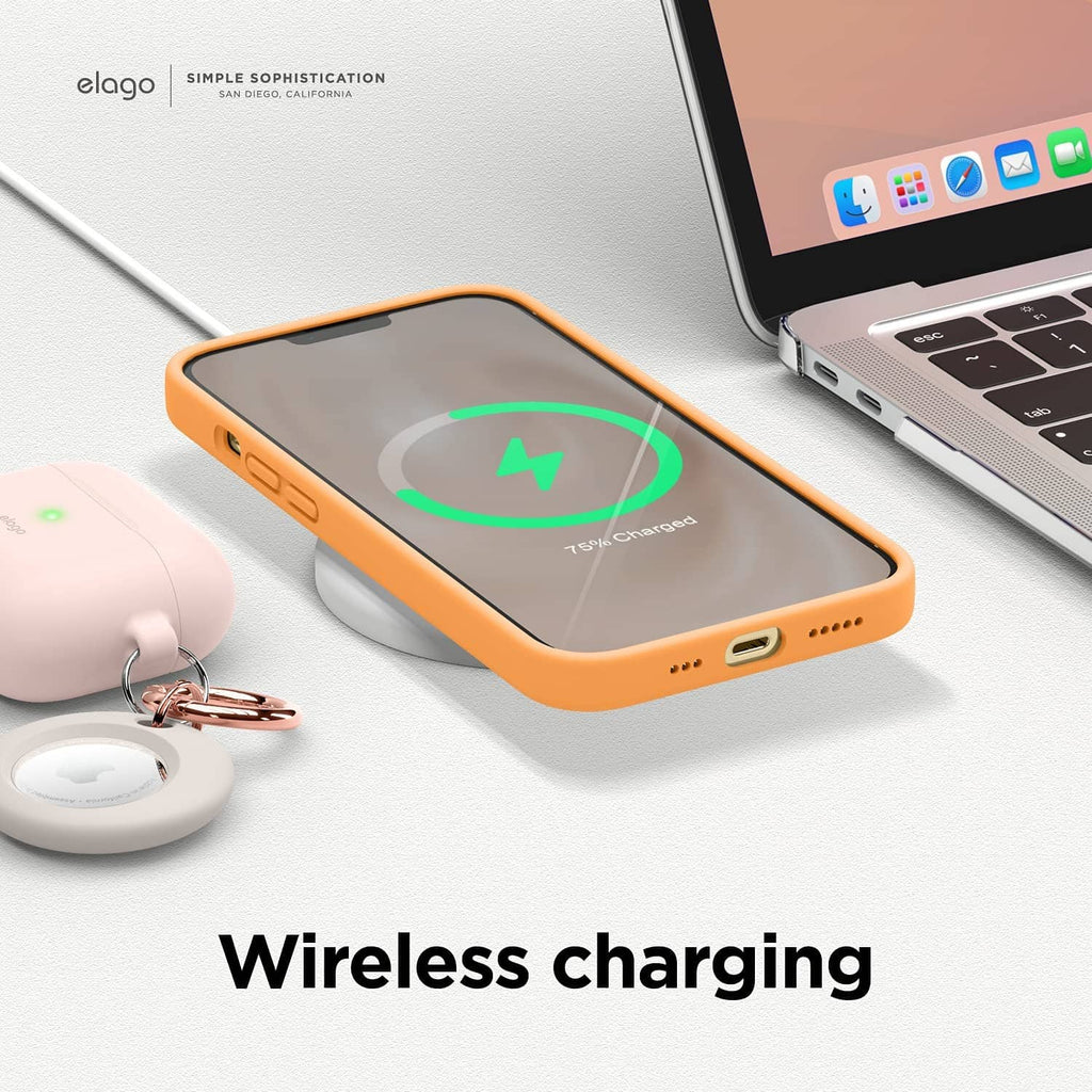 Orange silicone iPhone case with wireless charging support and bottom port access