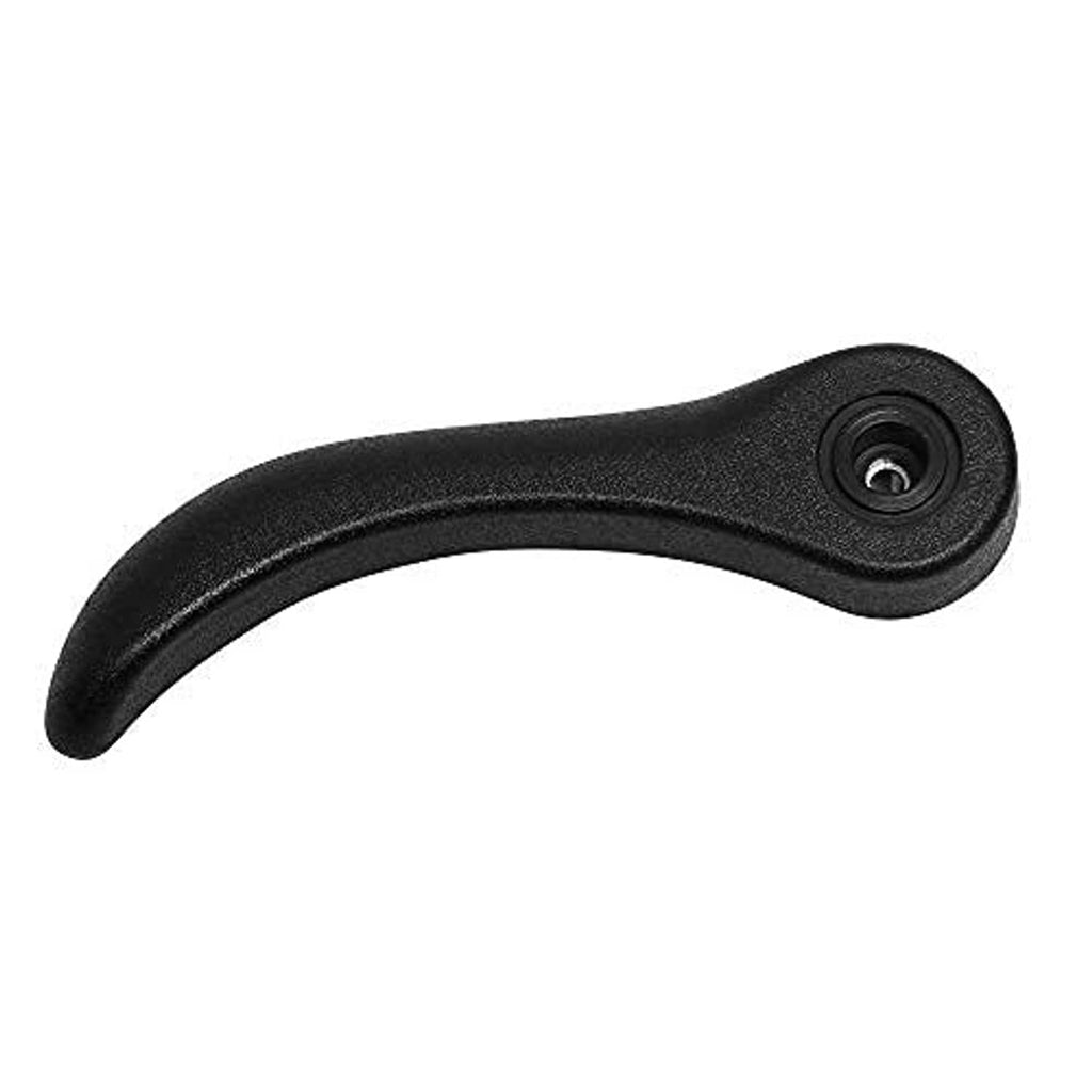 Black recliner release handle with round mounting post and side grip curve