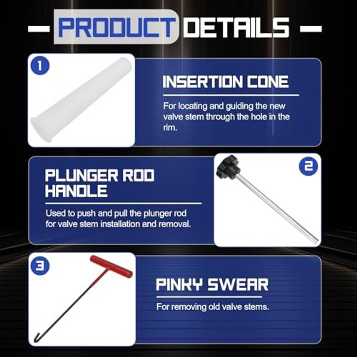 Tire valve installation tools: white insertion cone, long plunger rod, thin removal pin