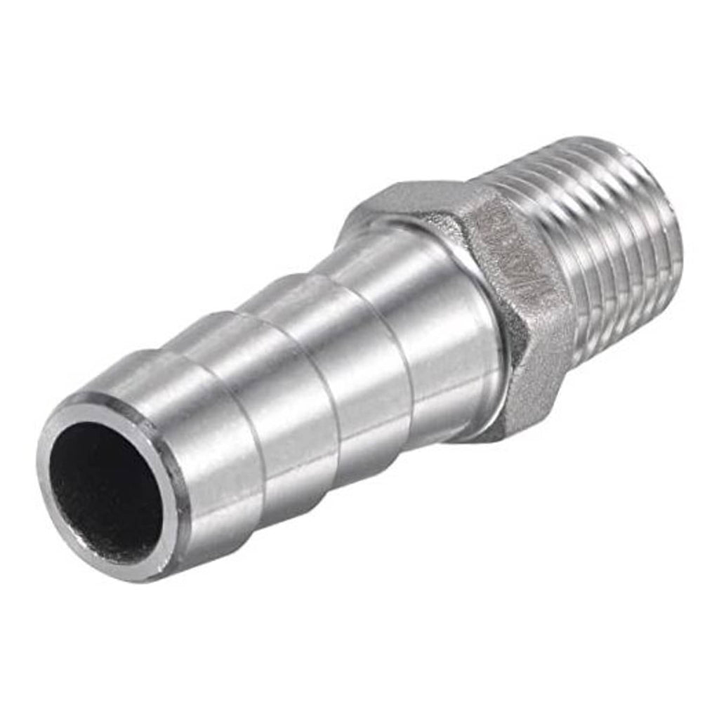 304 stainless steel hose barb fitting with barbed stem and male threaded end.