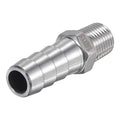 304 stainless steel hose barb fitting with barbed stem and male threaded end.