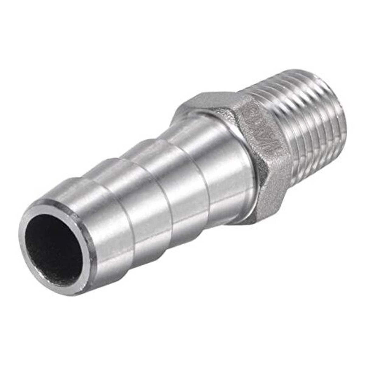 304 stainless steel hose barb fitting with barbed stem and male threaded end.