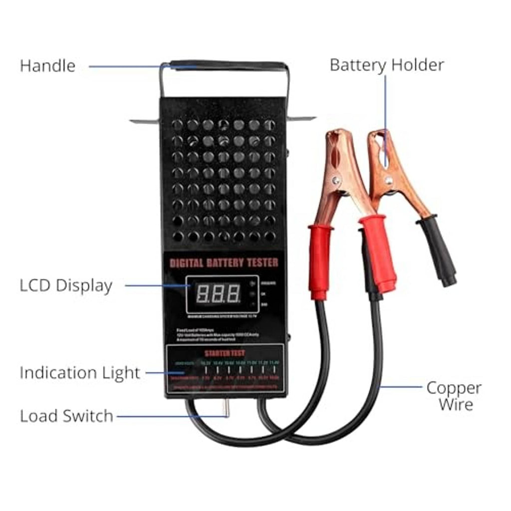 Handheld battery load tester with LCD display, load switch, and test lead wires