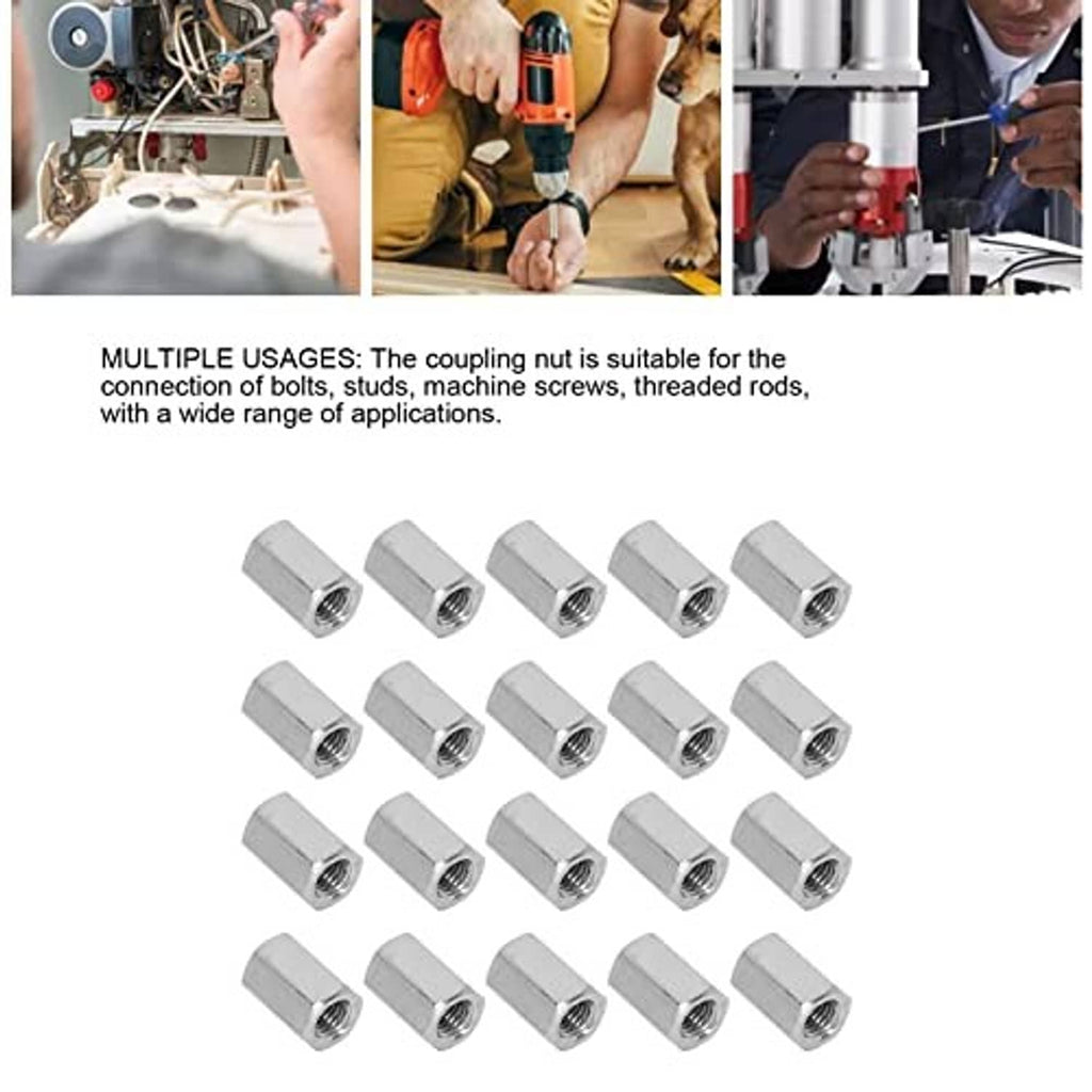 Pack of stainless steel hex coupling nuts, silver finish, internal threads