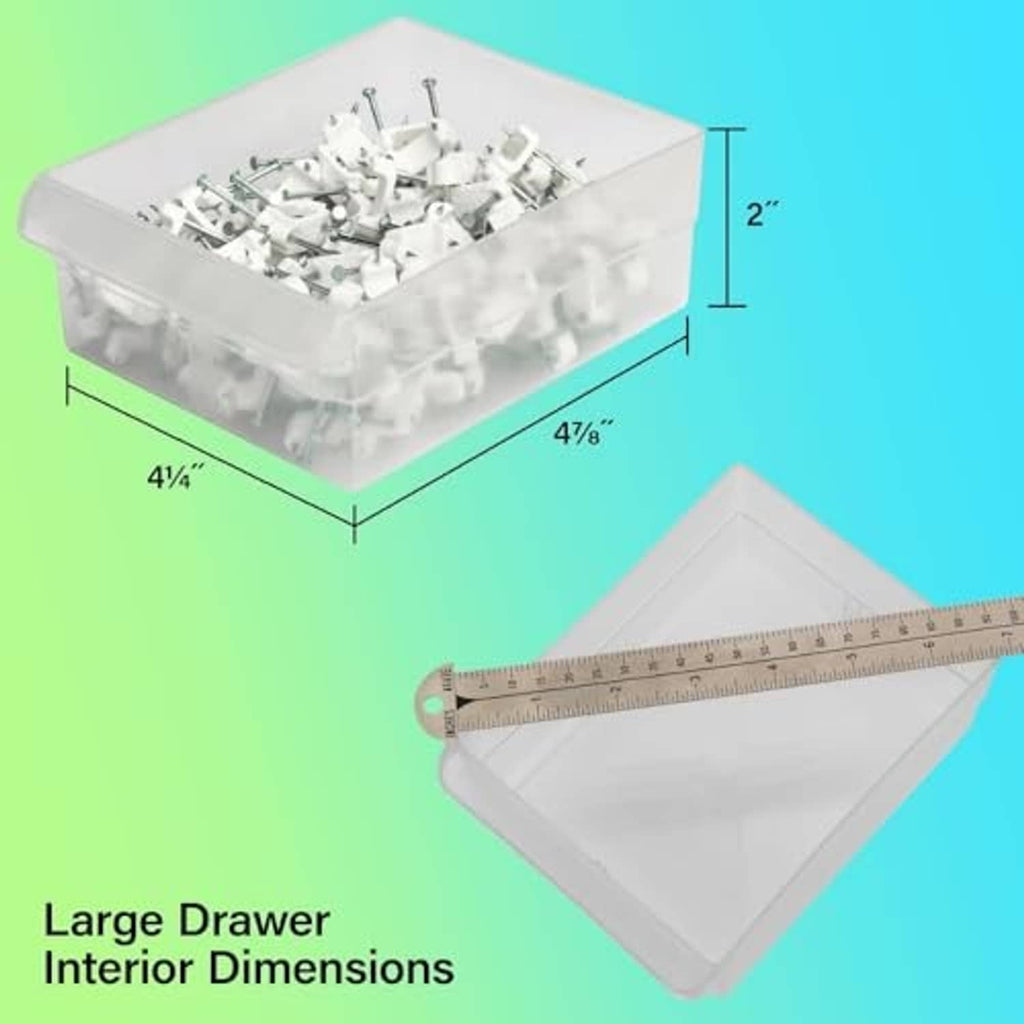 Large clear plastic drawer insert with small hardware pieces and ruler