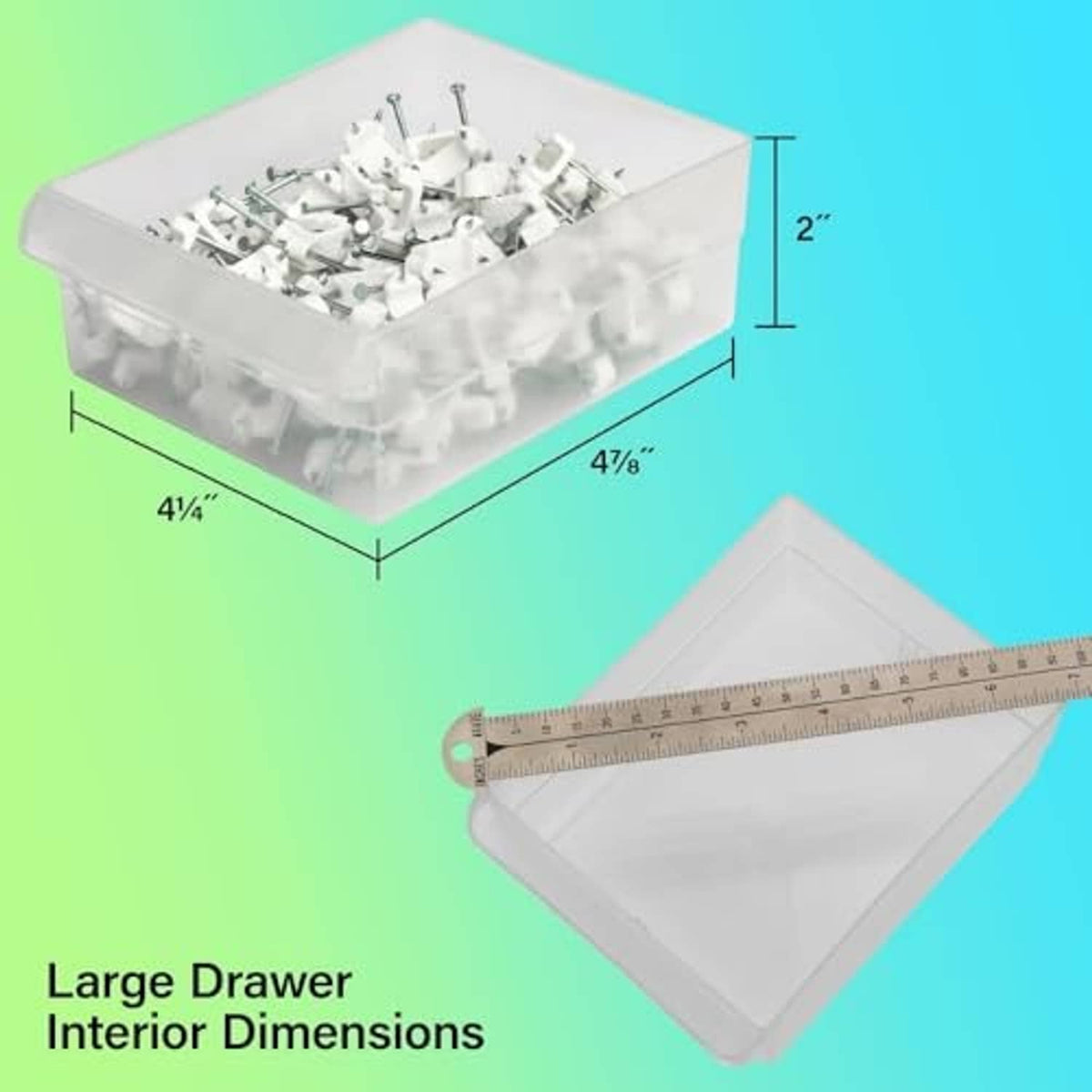 Large clear plastic drawer insert with small hardware pieces and ruler