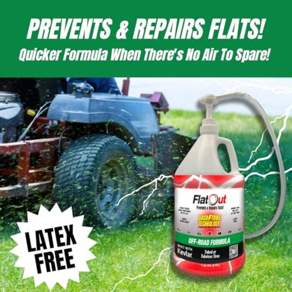 QuickStrike tire sealant bottle with clear tube and red/white label beside a tractor tire