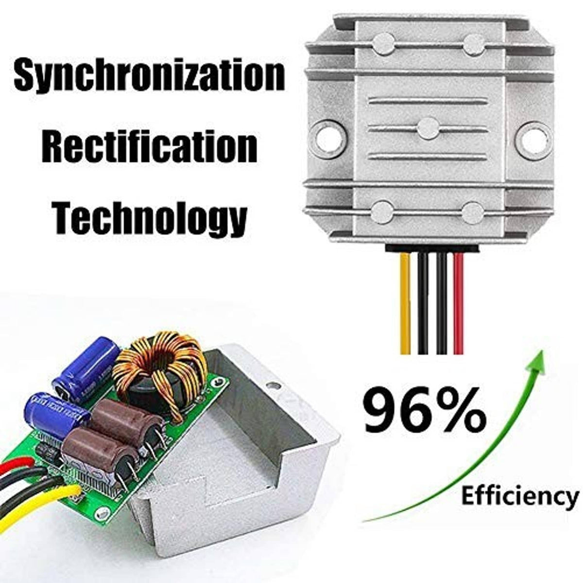 DC buck-boost power converter board with finned heatsink and cooling fins