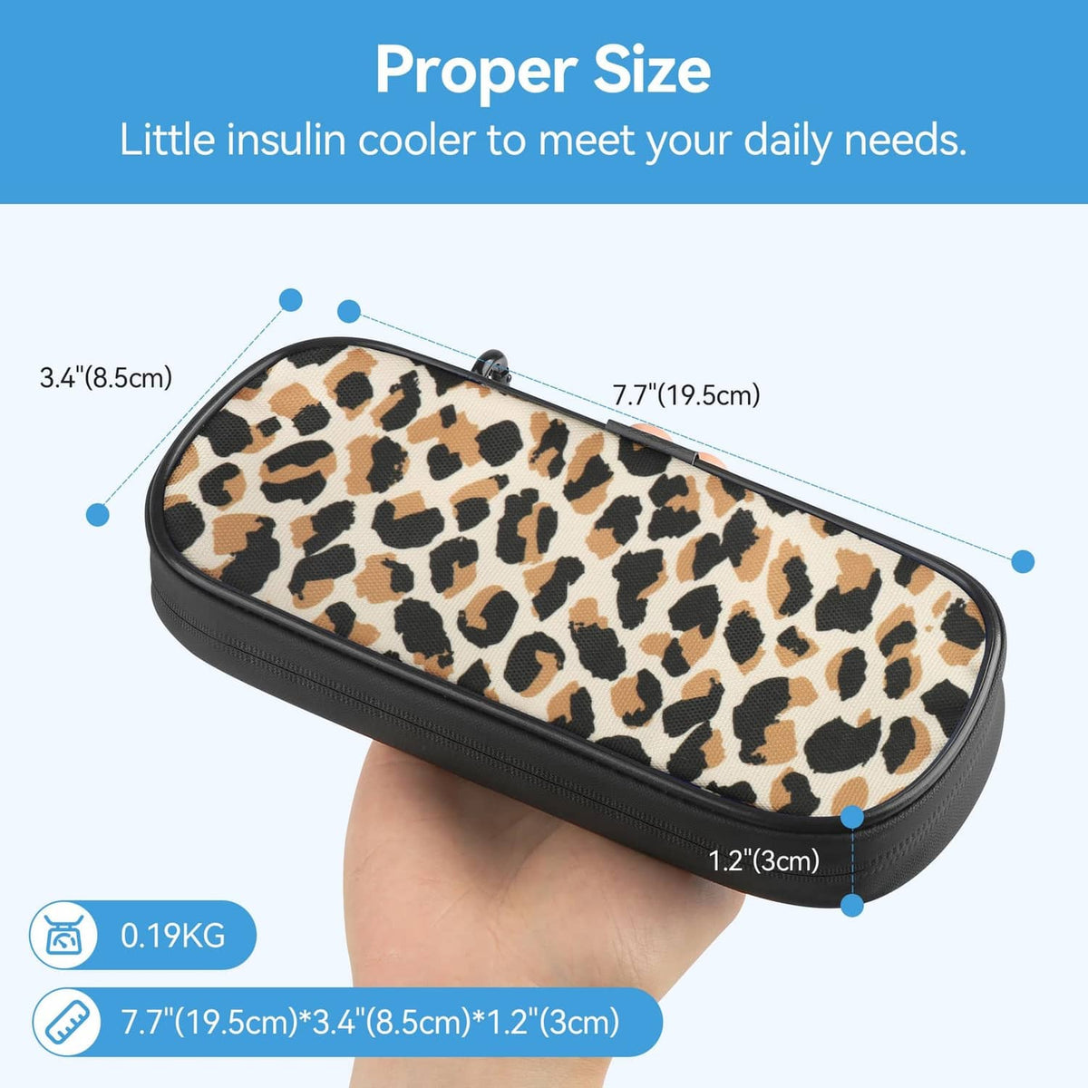 Leopard print insulin cooler case, compact size with zippered top and side loop