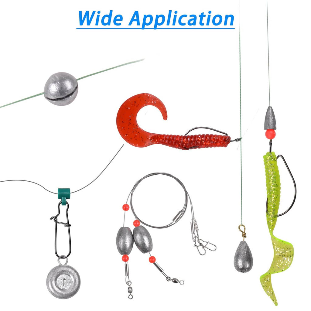 Fishing rig with grey round and teardrop sinkers attached to hooks and line