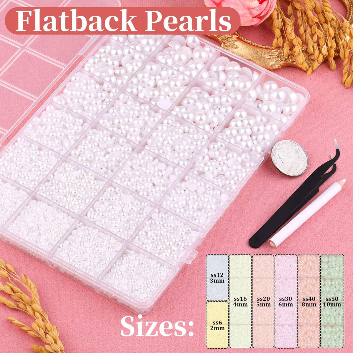 Assorted white flatback pearls in clear organizer tray with small measurement coin