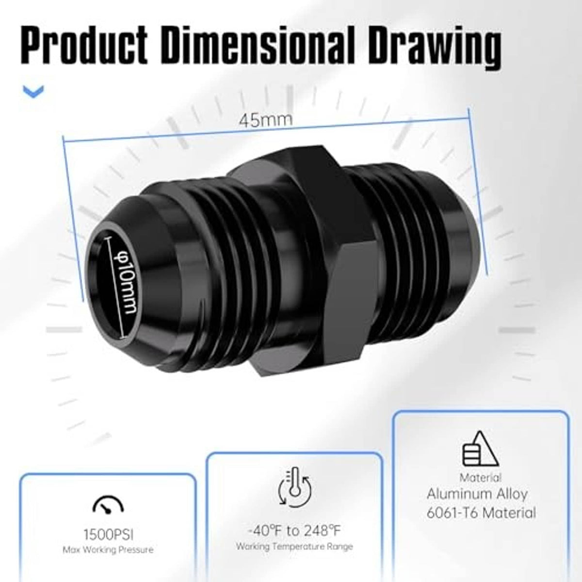 AN10 male flare straight fitting, black aluminum body with flared threads and length shown.