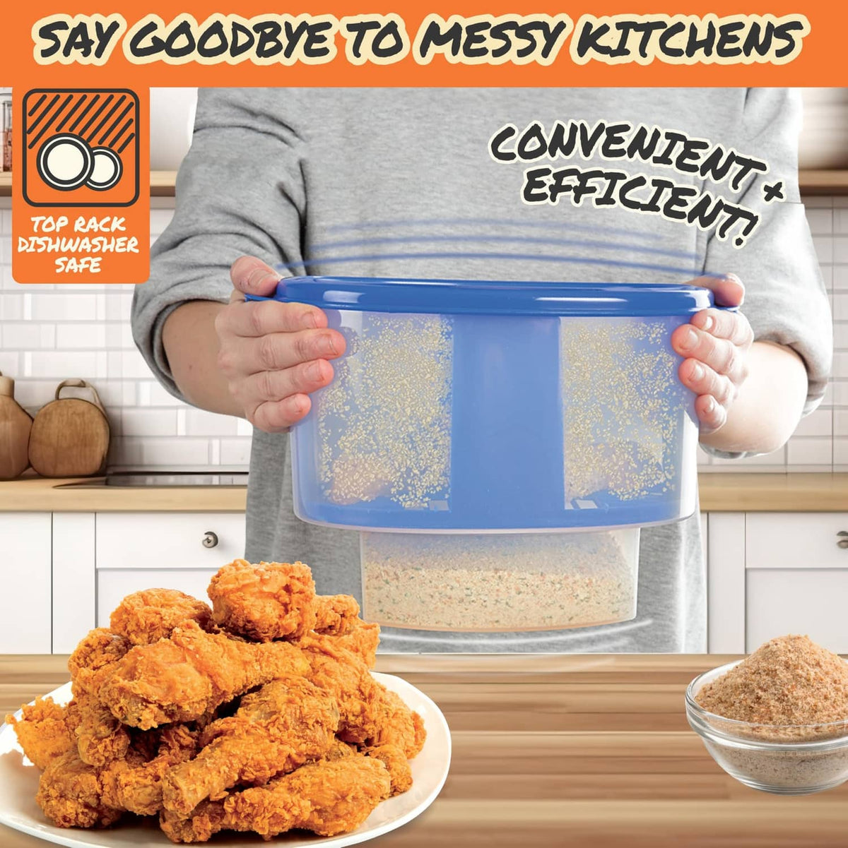 Blue-lidded Better Breader bowl held by hands with breaded food on a plate