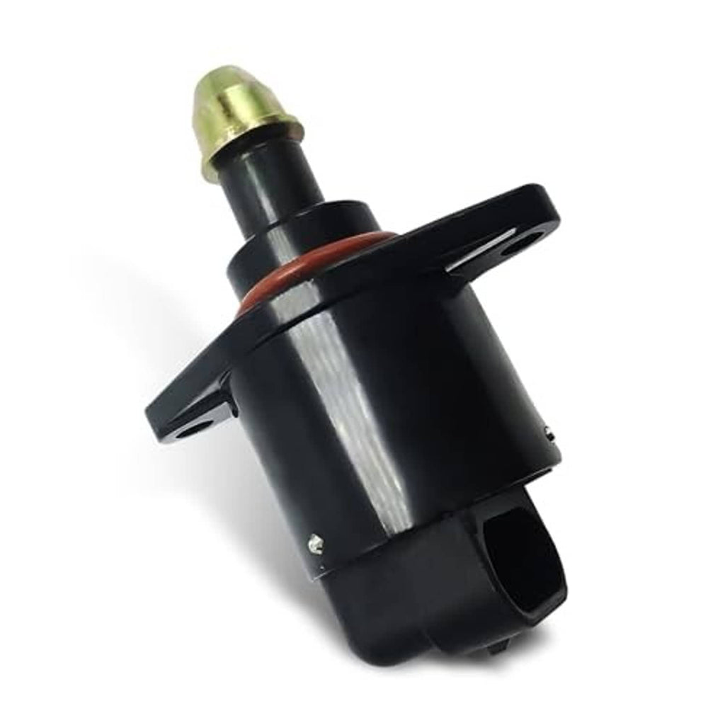 Idle air control valve with black body, silver core, brass inlet, mounting tabs