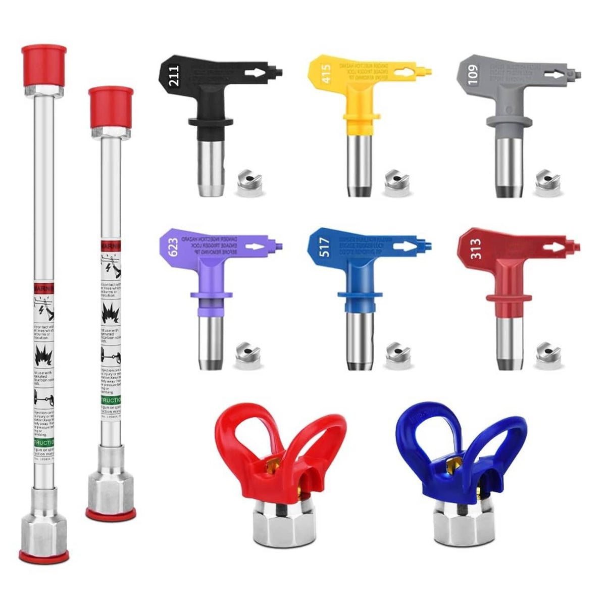 Airless paint sprayer accessory set with multi-color nozzle tips and metal spray heads