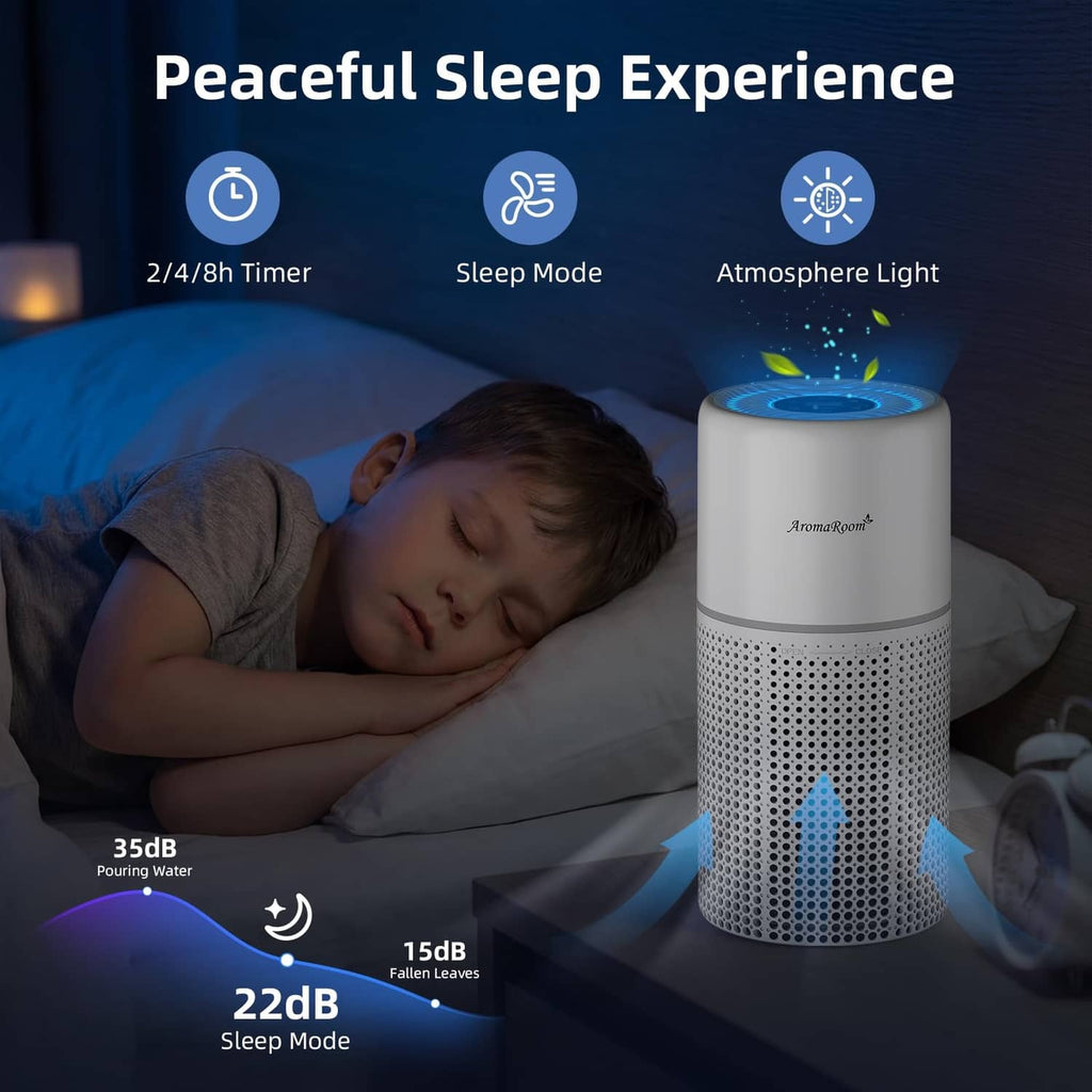 White cylindrical air purifier with blue-lit top controls for quiet sleep