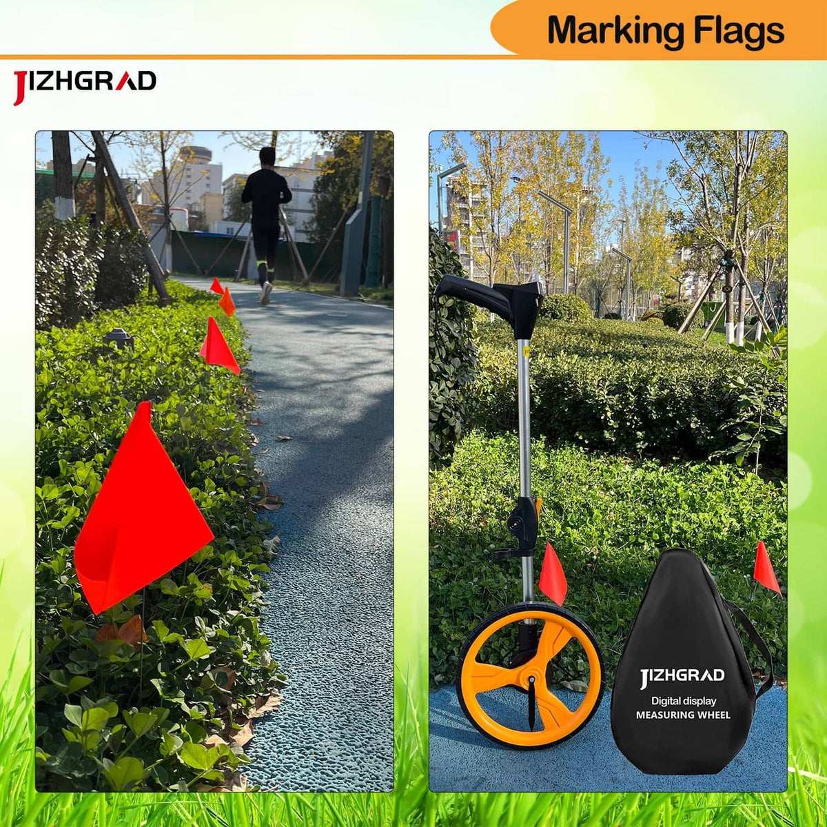 Orange marking flags standing in landscaped walkway area