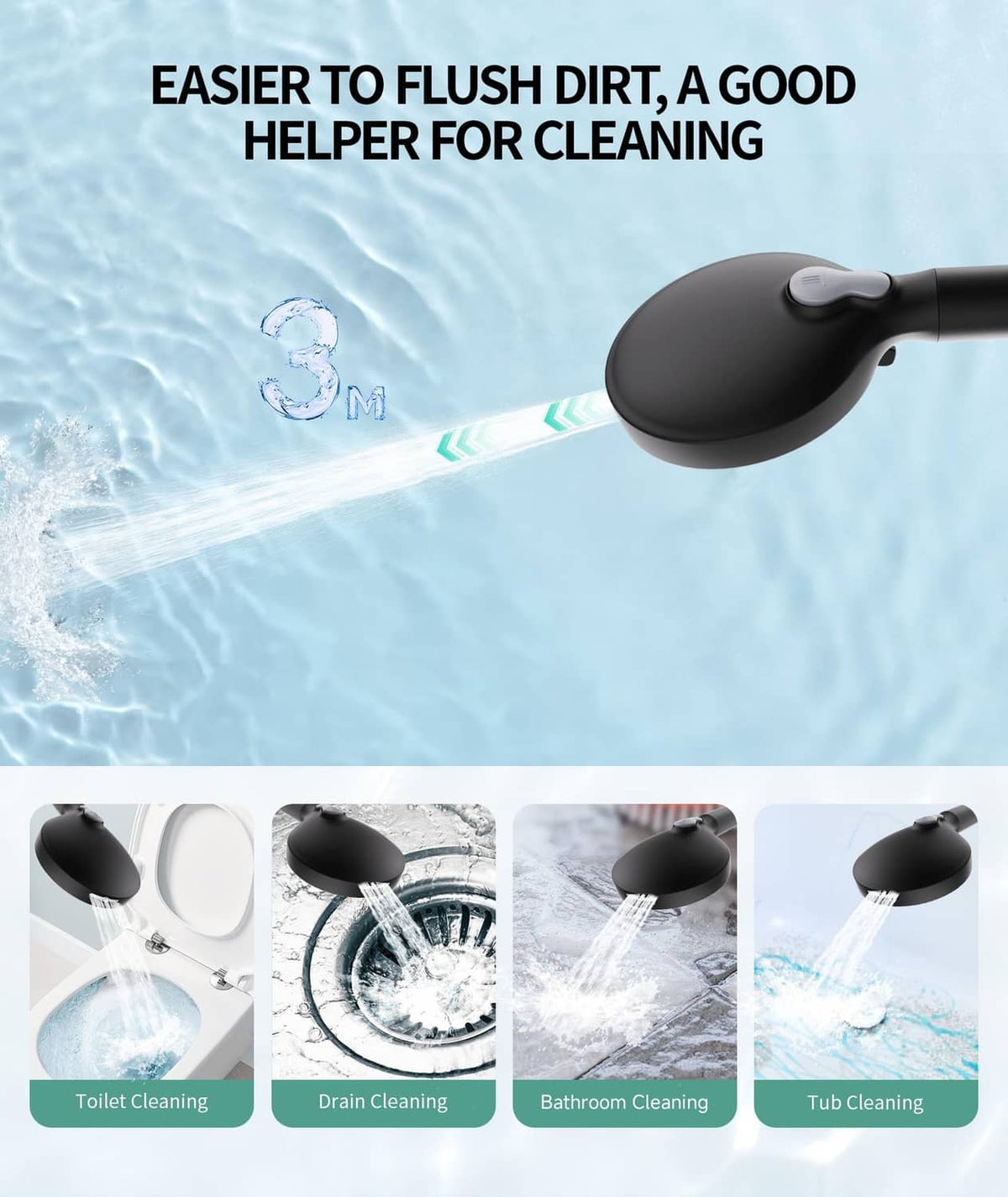 Matte black handheld shower head with streamlined cap for easy cleaning