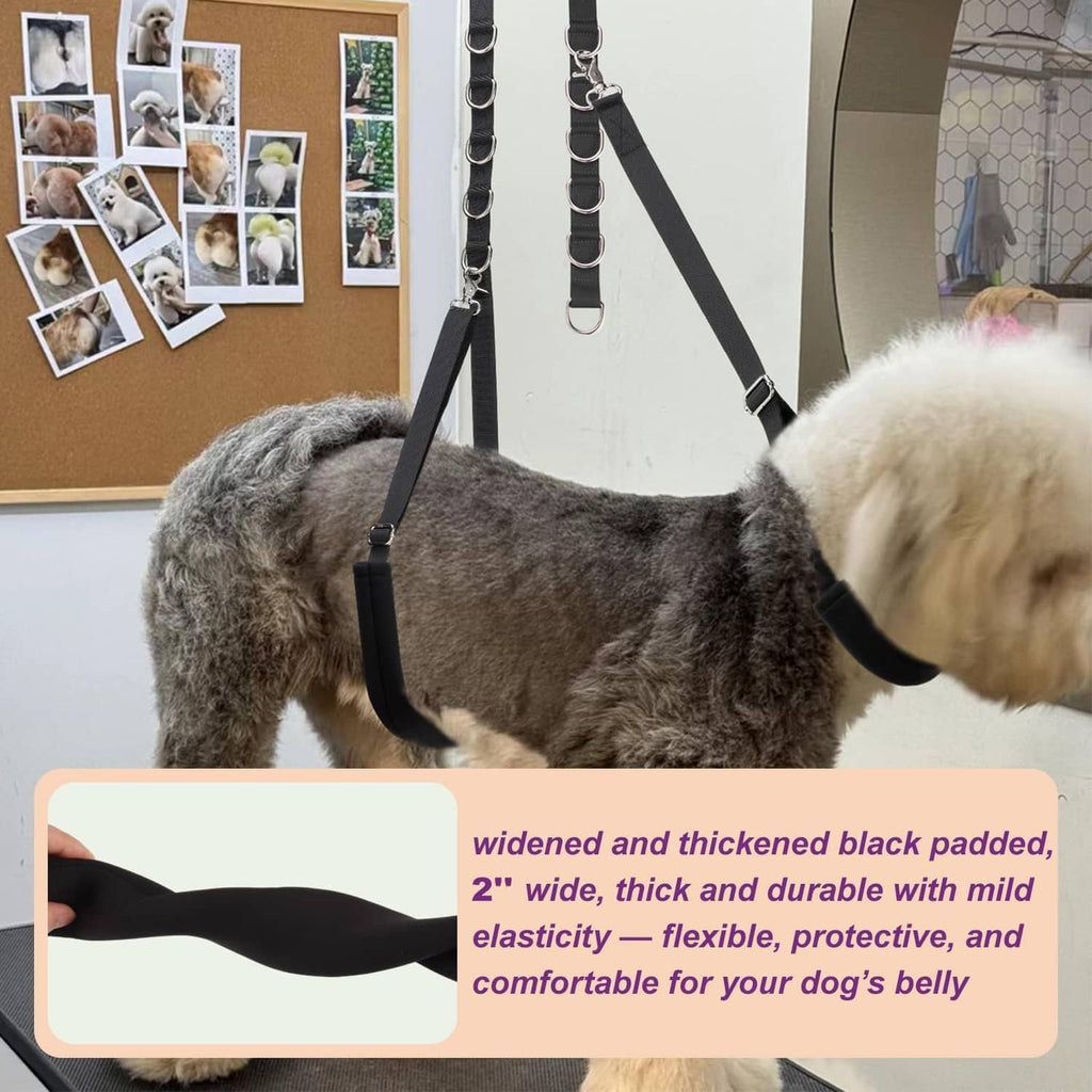 Black padded dog belly strap with wide elastic loop for grooming restraint