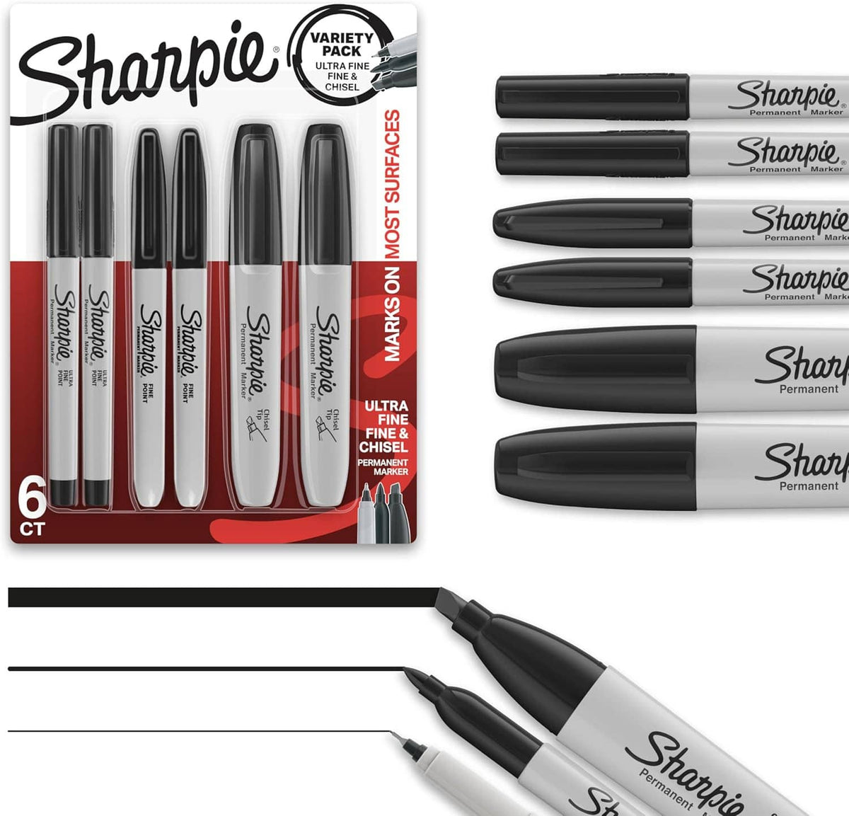 Permanent marker variety pack with multiple pens showing chisel and fine tips