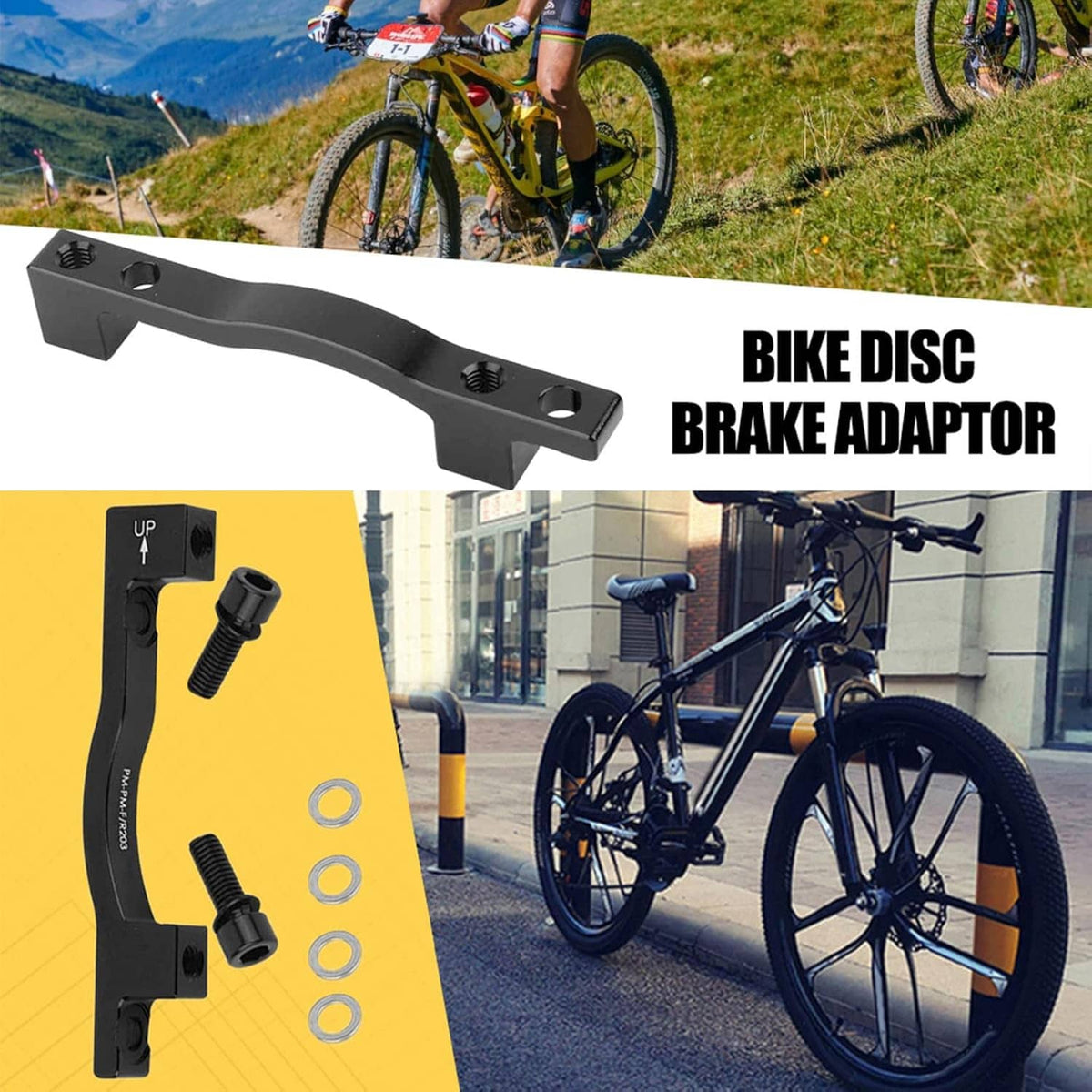 Black post mount disc brake adaptor with bolt holes, shown with bike mounting view