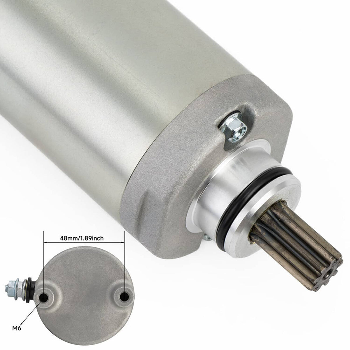 Starter motor assembly close-up of end cap, splined shaft, and mounting hardware